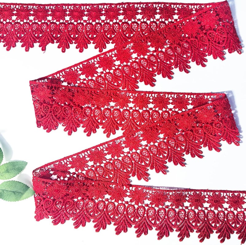 DKKUAYANGUP (Red Floral Lace Trim - 5 Yards, 9cm Wide | Wedding Dress Embellishment, Gift Packaging, Party Decor | DIY Sewing & Craft Supplies - Image 2
